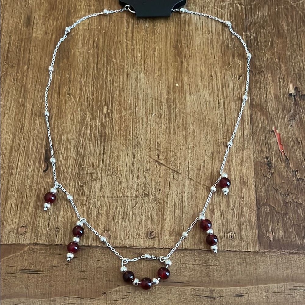 Elegant Silver and Red Beaded Necklace